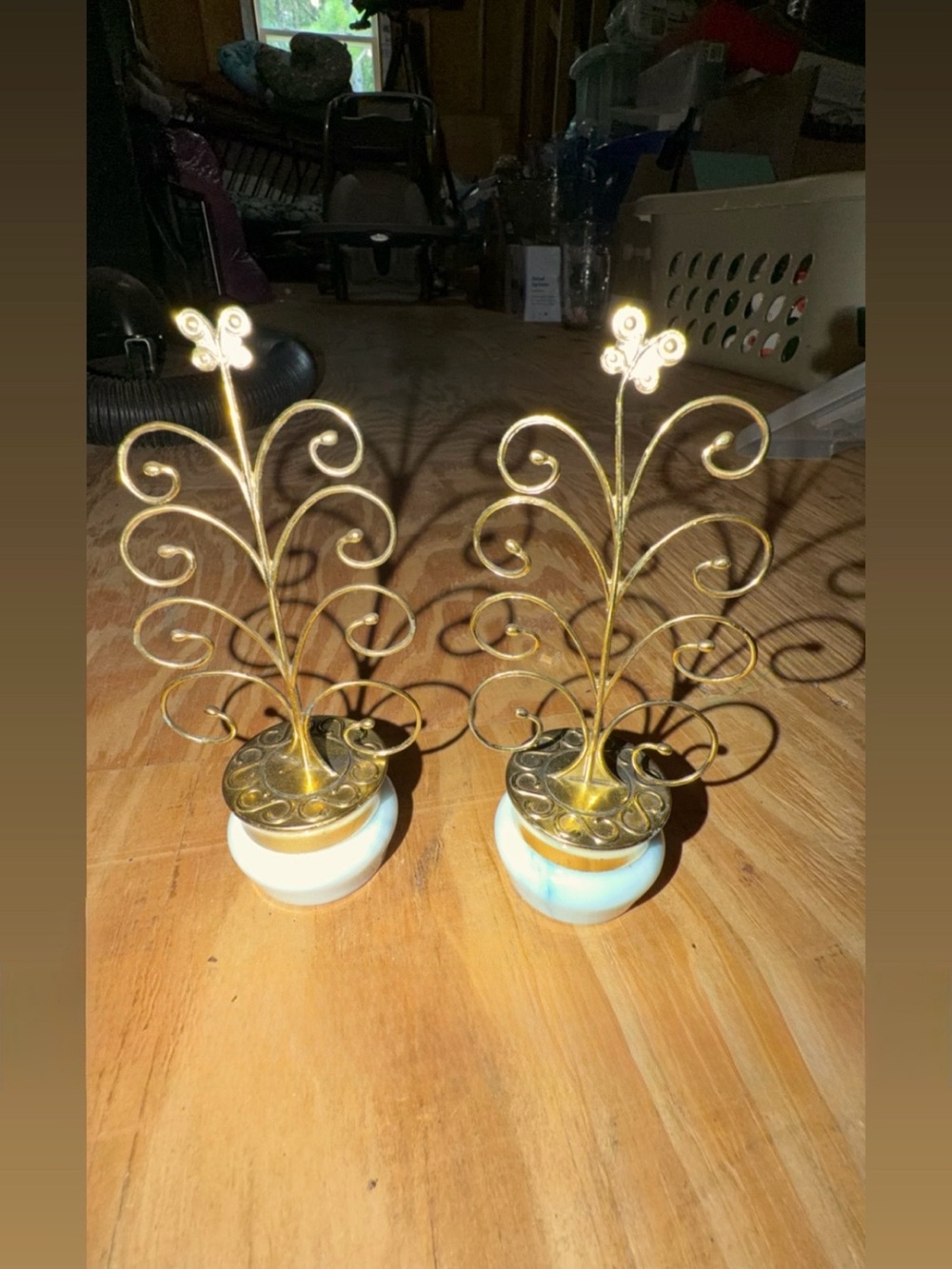 Avon Gold-Tone Scroll Jewelry Tree Pair with White Bases